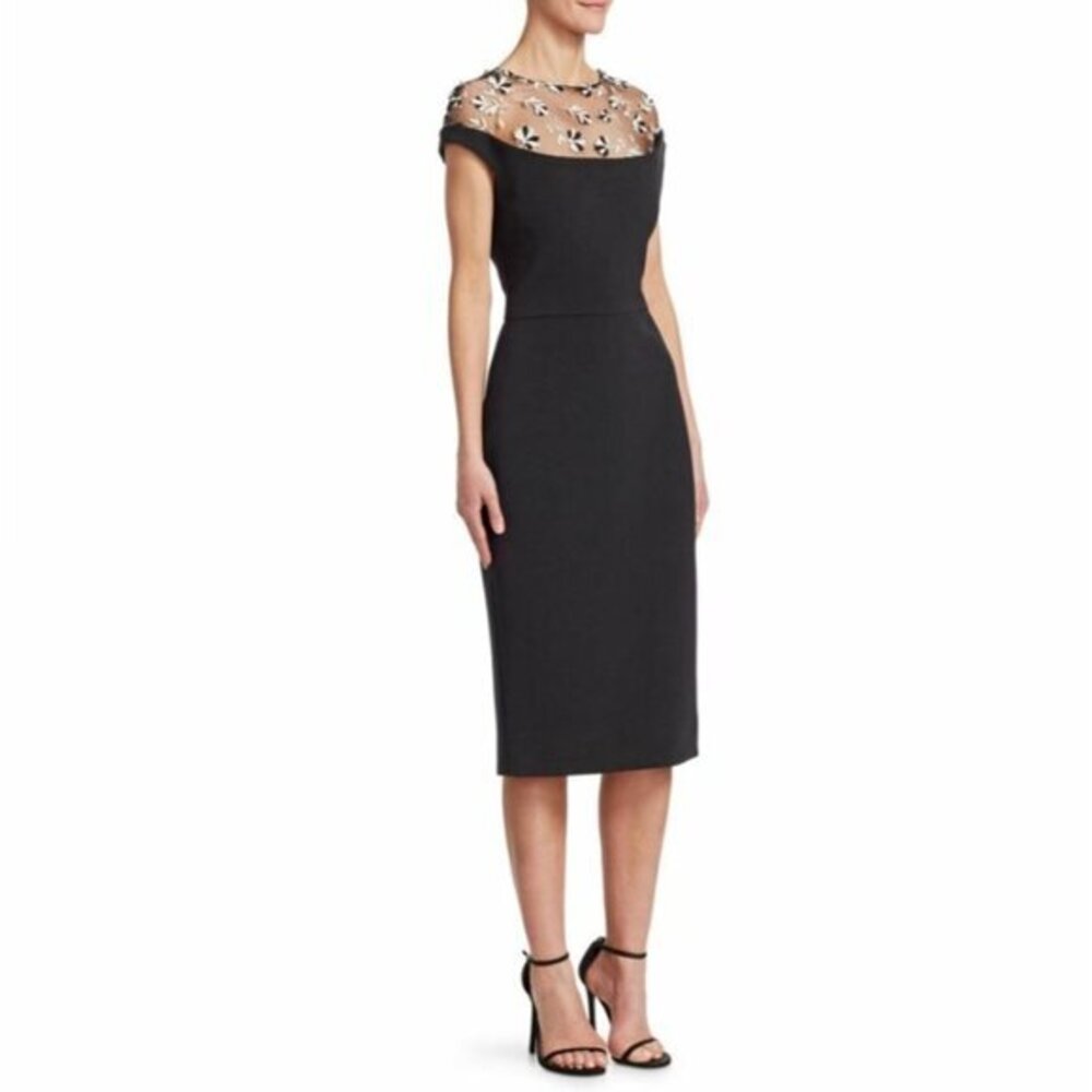 Lela Rose Dress Black Floral-embroidered Tulle Yoke Cocktail Gown Sz 2 NWT